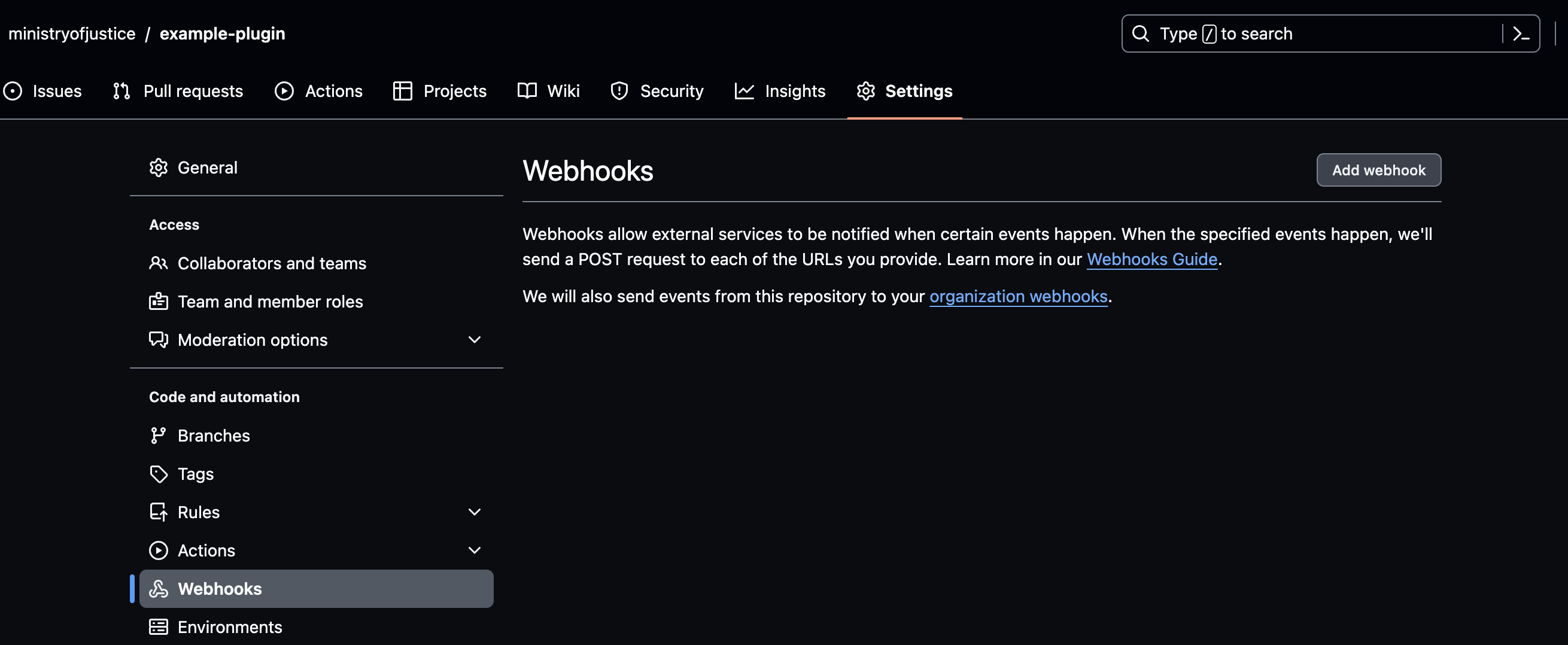 github settings webhooks