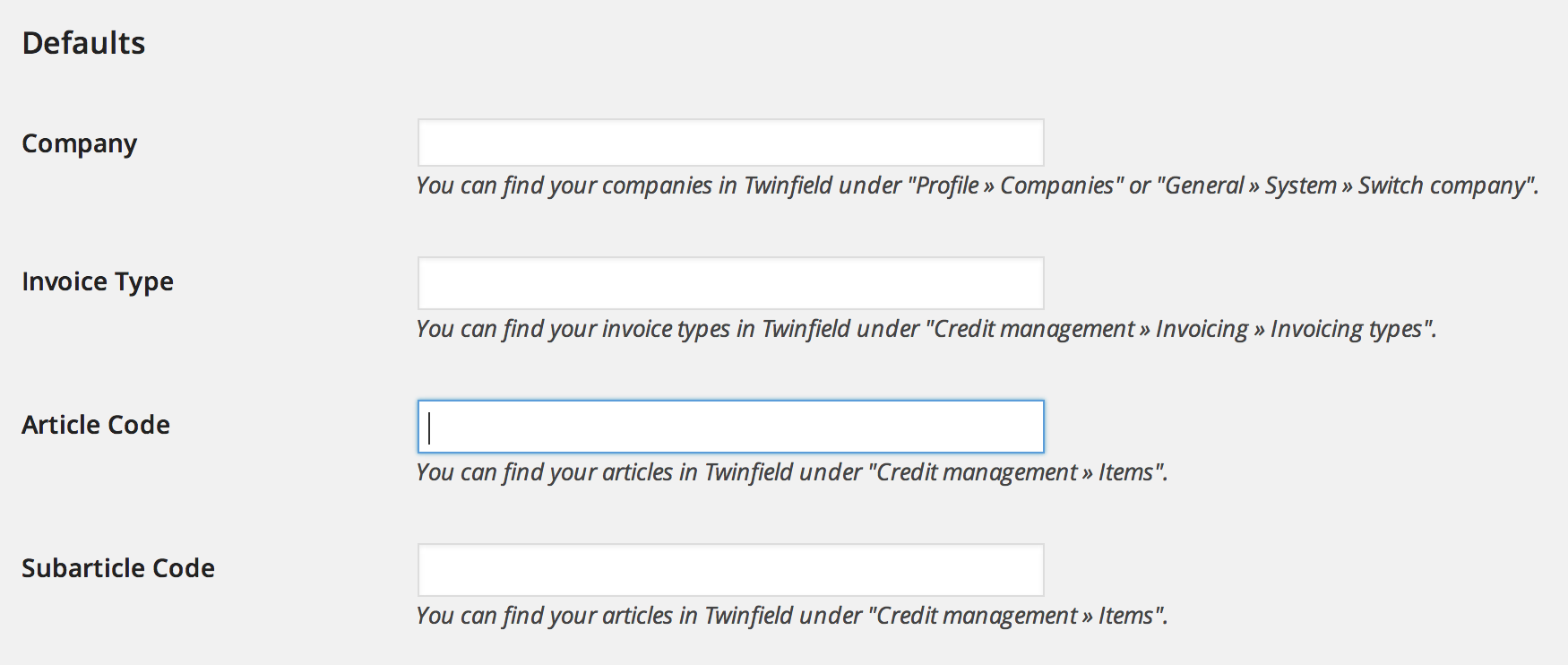 WordPress Twinfield Settings defaults