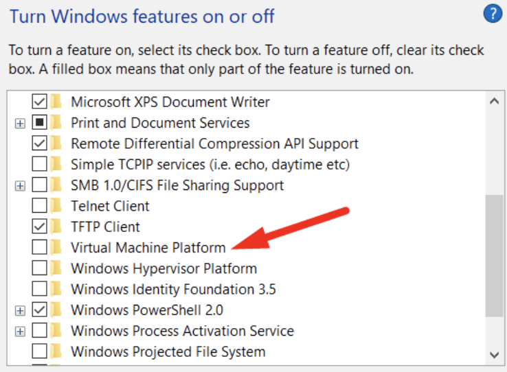 virtual machine platform checkbox