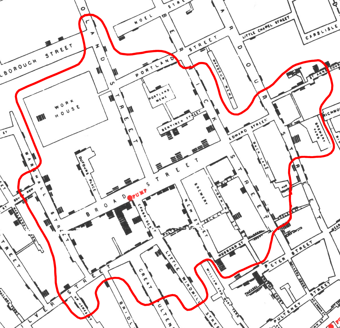 Mapa del brote de colera en Londres y ubicacion de la fuente de agua