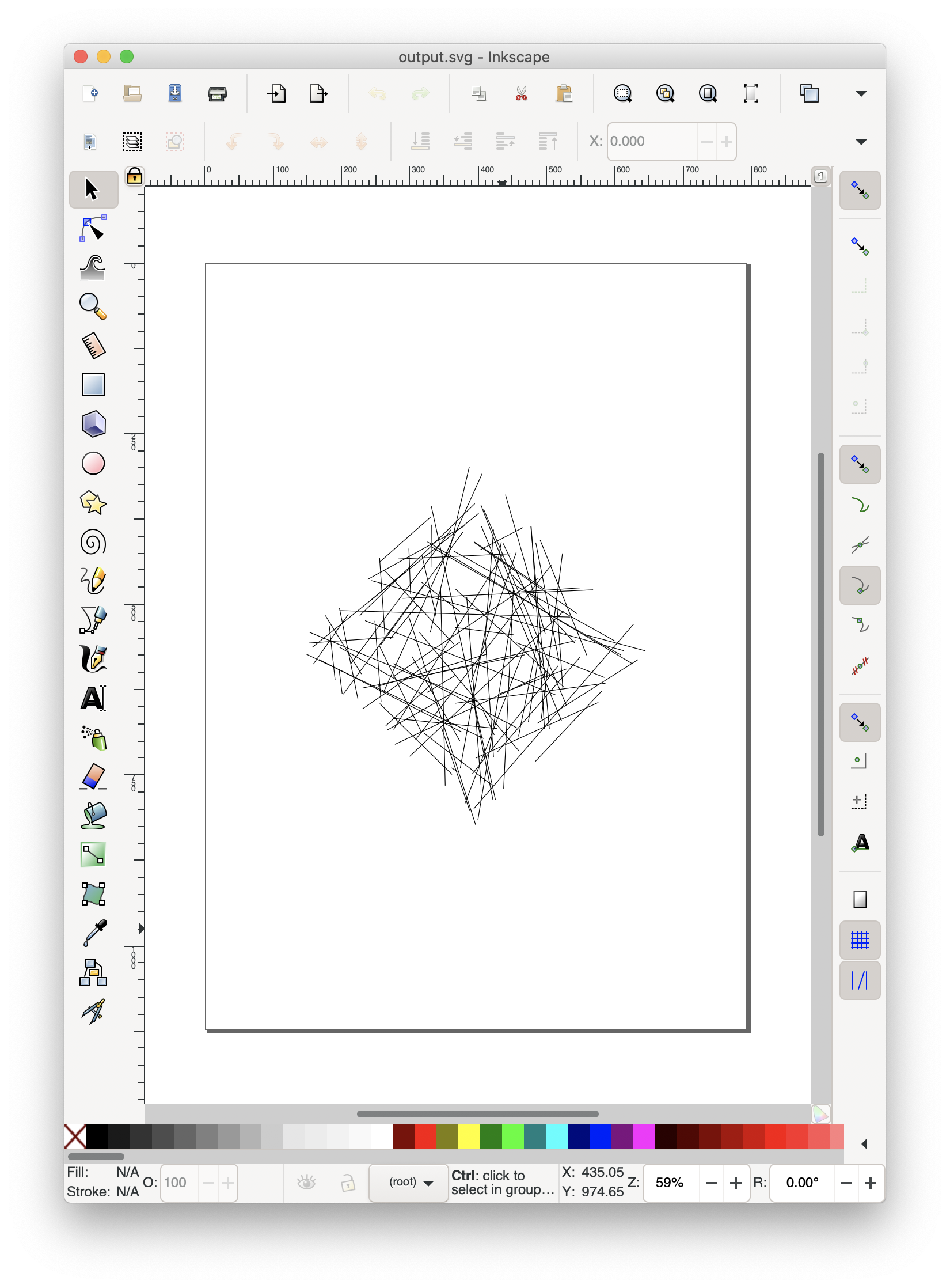 100 random lines in a 10x10cm box rotated by 45 degrees