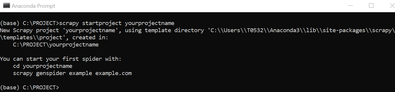 starting scrapy project in anaconda prompt