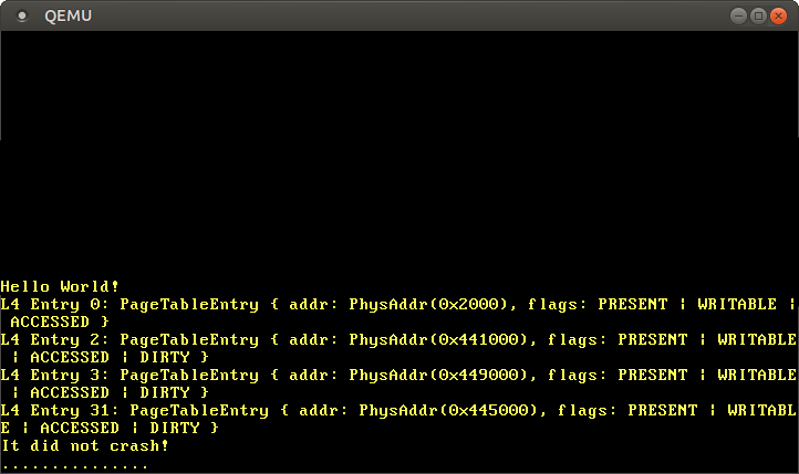 QEMU printing entry 0 (0x2000, PRESENT, WRITABLE, ACCESSED), entry 1 (0x894000, PRESENT, WRITABLE, ACCESSED, DIRTY), entry 31 (0x88e000, PRESENT, WRITABLE, ACCESSED, DIRTY), entry 175 (0x891000, PRESENT, WRITABLE, ACCESSED, DIRTY), and entry 504 (0x897000, PRESENT, WRITABLE, ACCESSED, DIRTY)