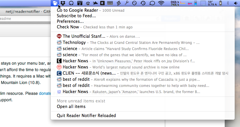 Screen Shot of Reader Notifier Reloaded's Menu