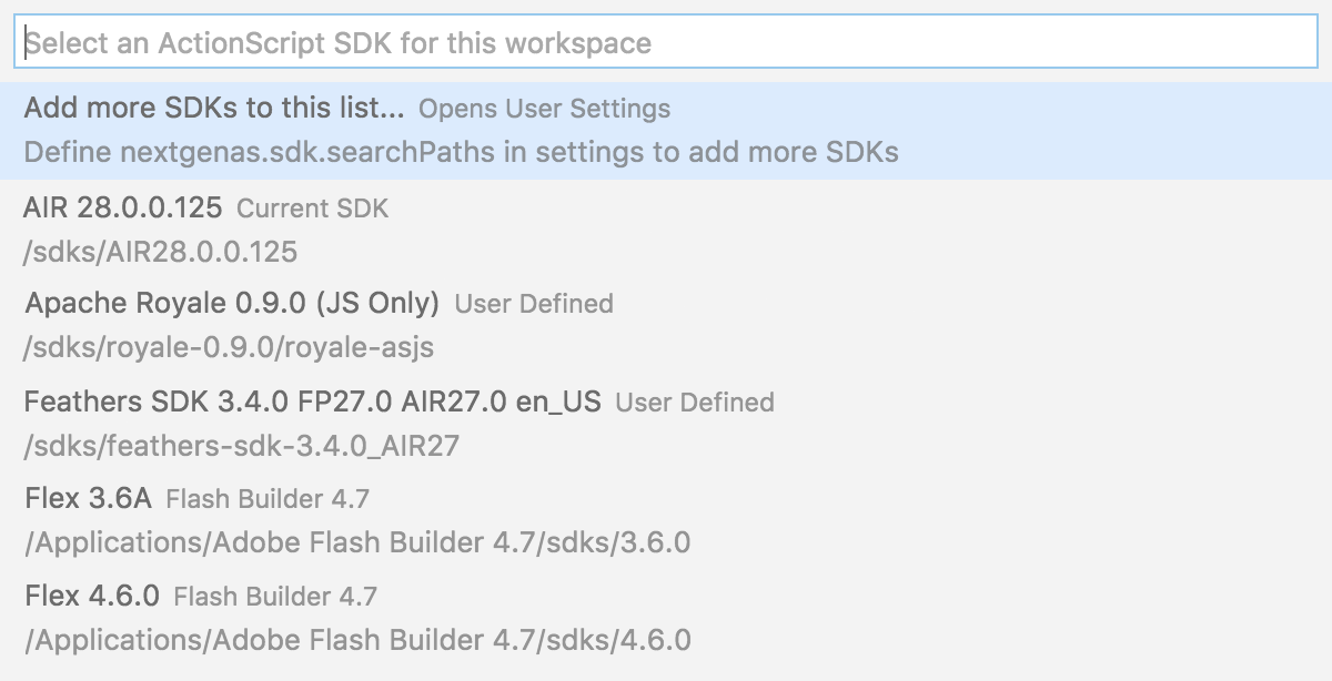 Screenshot of the ActionScript SDK Picker in Visual Studio Code that displays a list of available SDKs