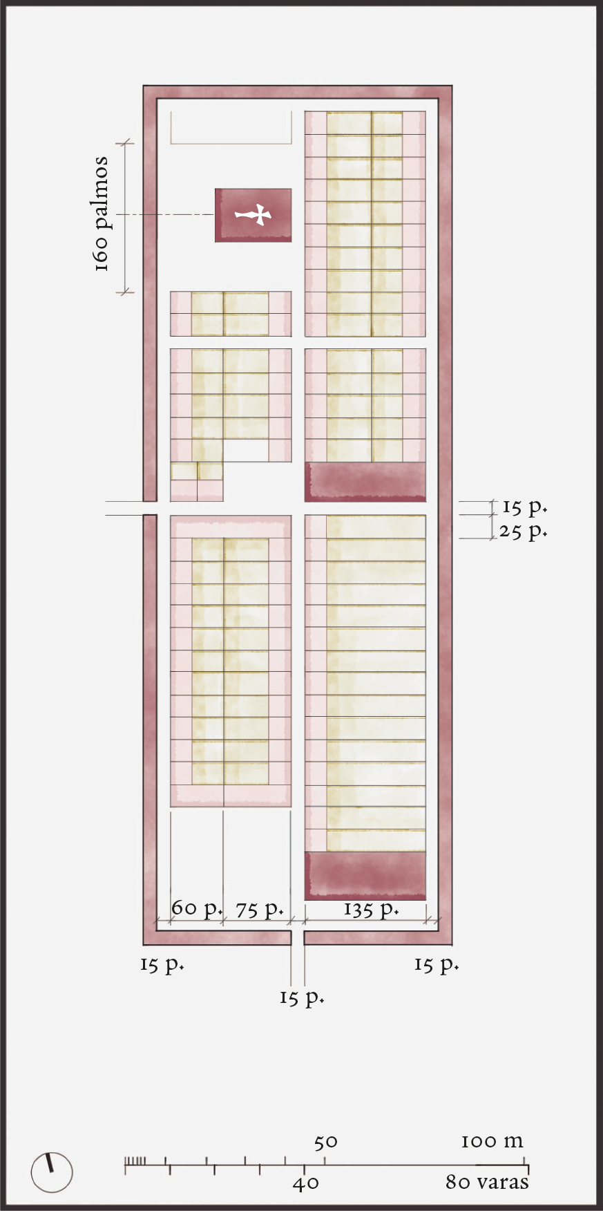 Reconstructed modular platting of Caminha, thirteenth century, author's drawing after [@trindade:2009urbanismo, 328]. Units: 1 palmo = 22.5 centimetres and 1 vara = 5 palmos = 1.125 metre