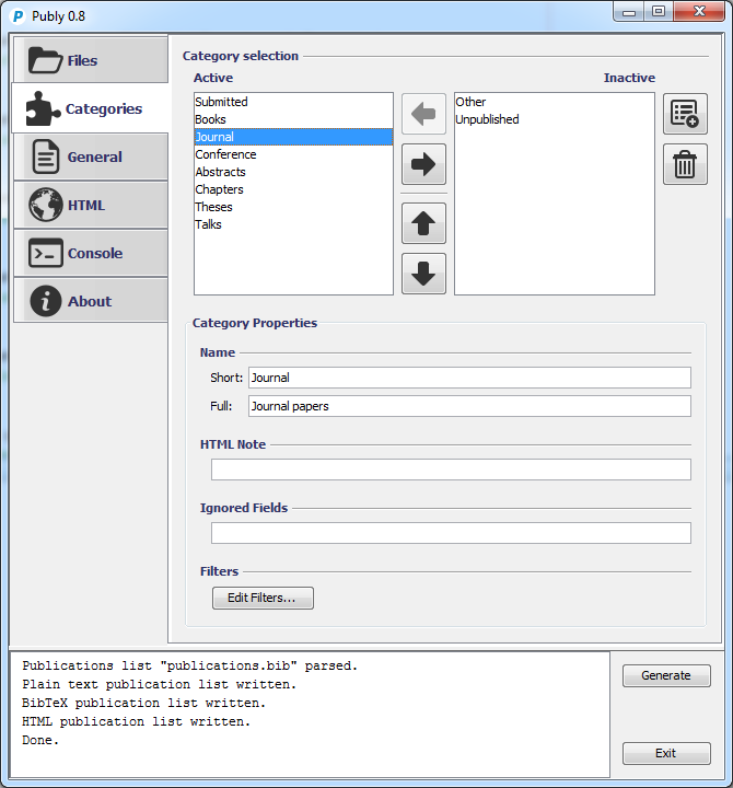 Publy's categories interface