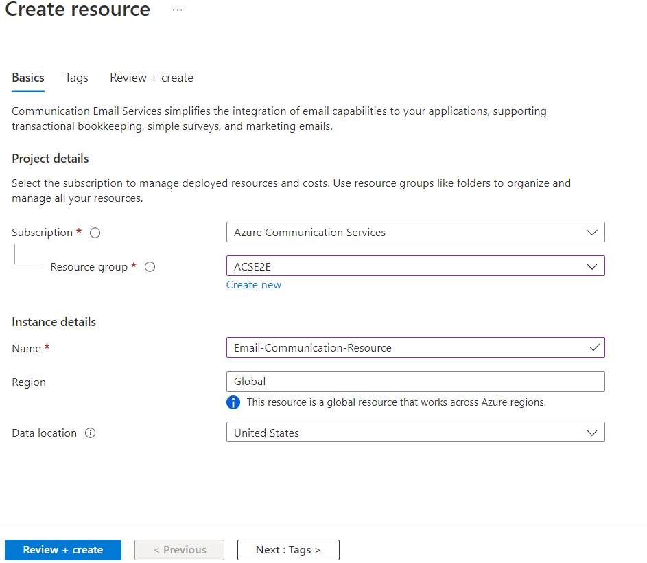 Screenshot showing the summary for review and create Email Communication Service