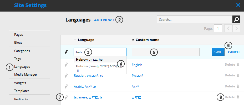 Manage languages in site settings