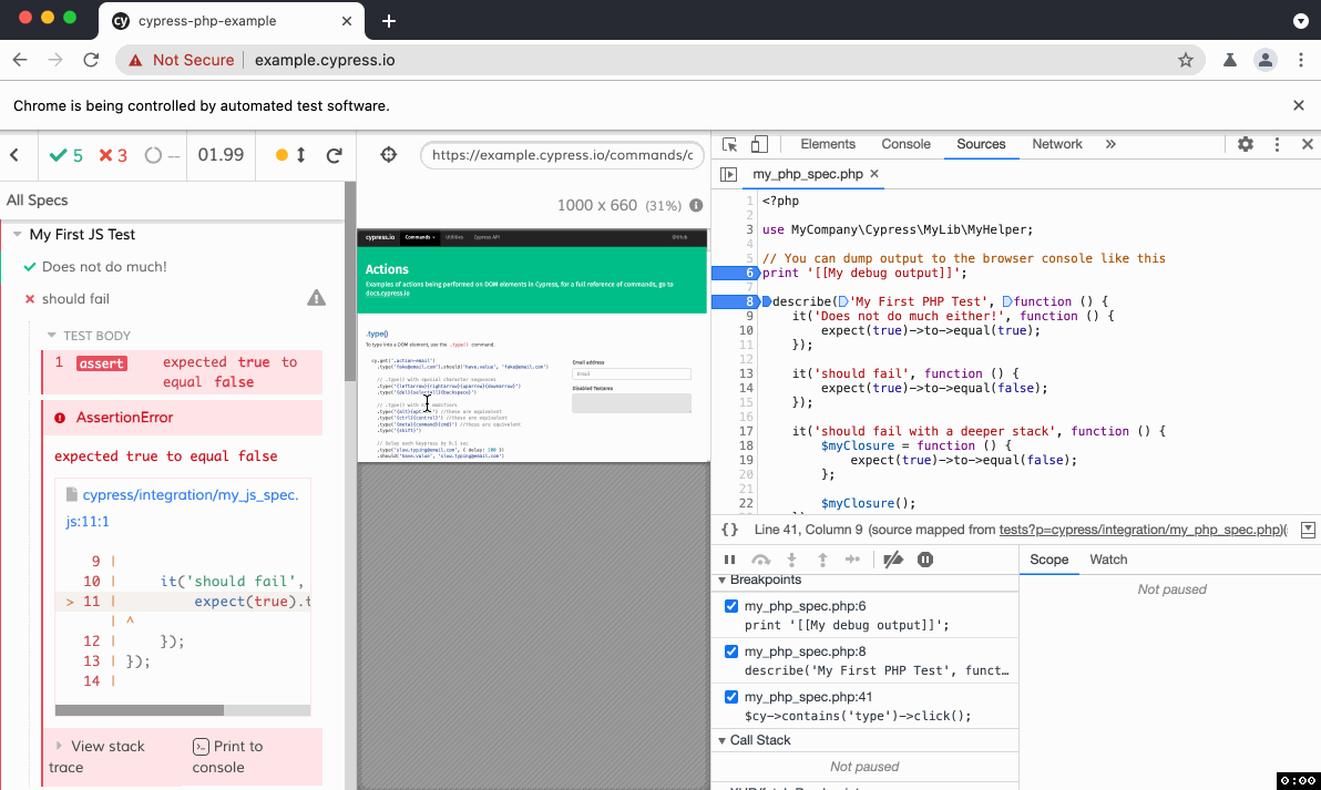 Demo of Cypress running PHP specs with Uniter