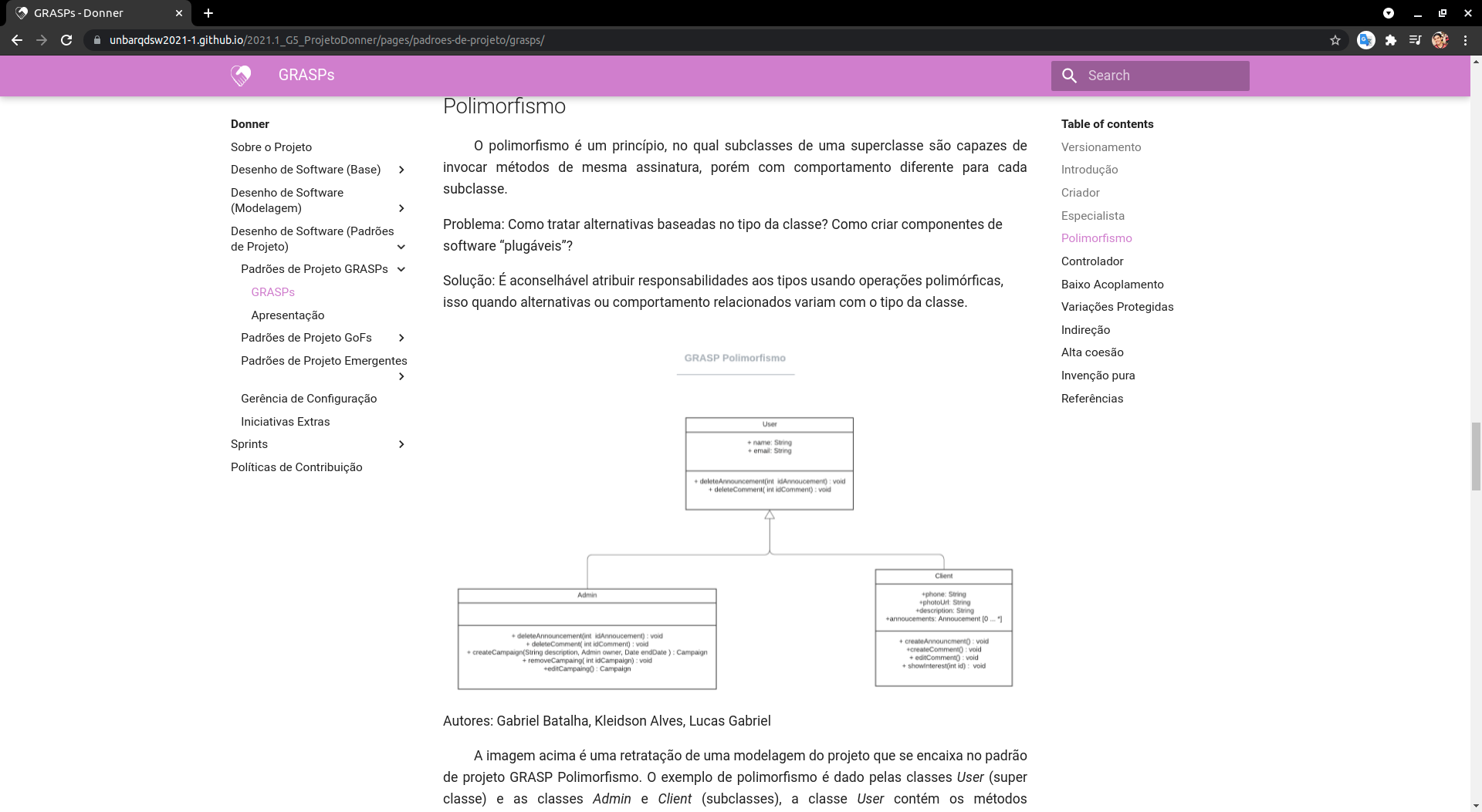 Página do projeto, seção de GRASPs