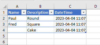 Excel screenshot showing exported data in table