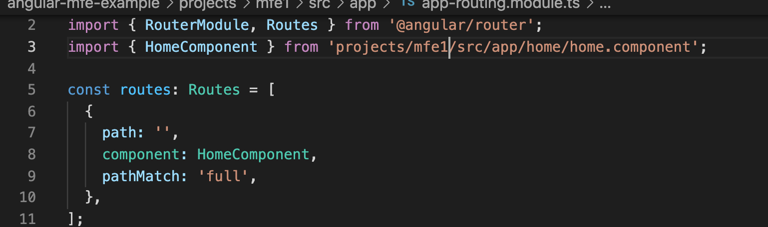 Update routing module to add path to home component under mfe1