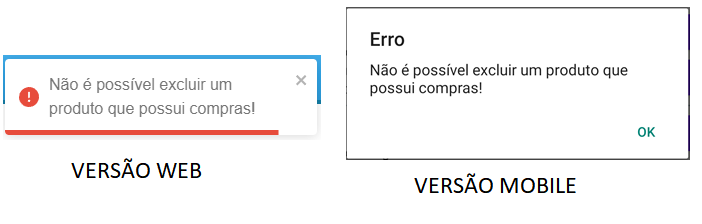 mensagem de erro ao deletar