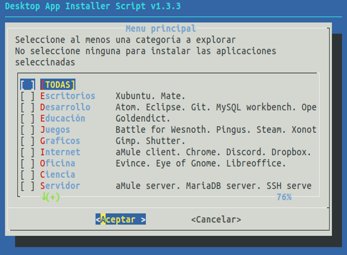 Captura pantalla menú principal con programas seleccionados modo terminal