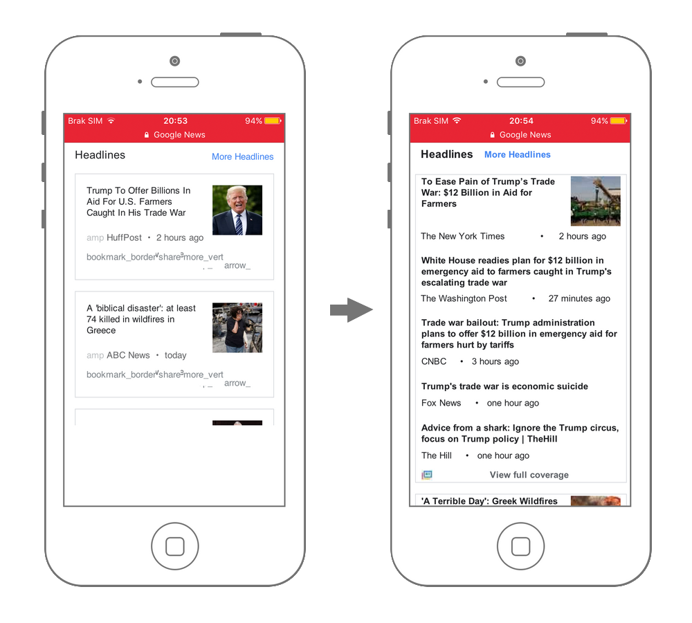 Google News (left) and Google News Lite (right) in Opera Mini on iOS