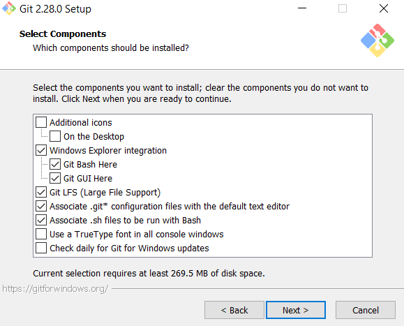 The Git SCM component selection screen.