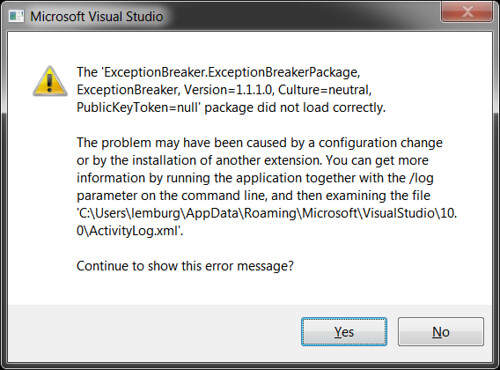 Screenshot from Exception while VS2010 starting up