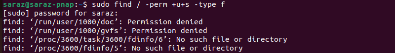 sudo find / -perm +u+s -type f terminal output