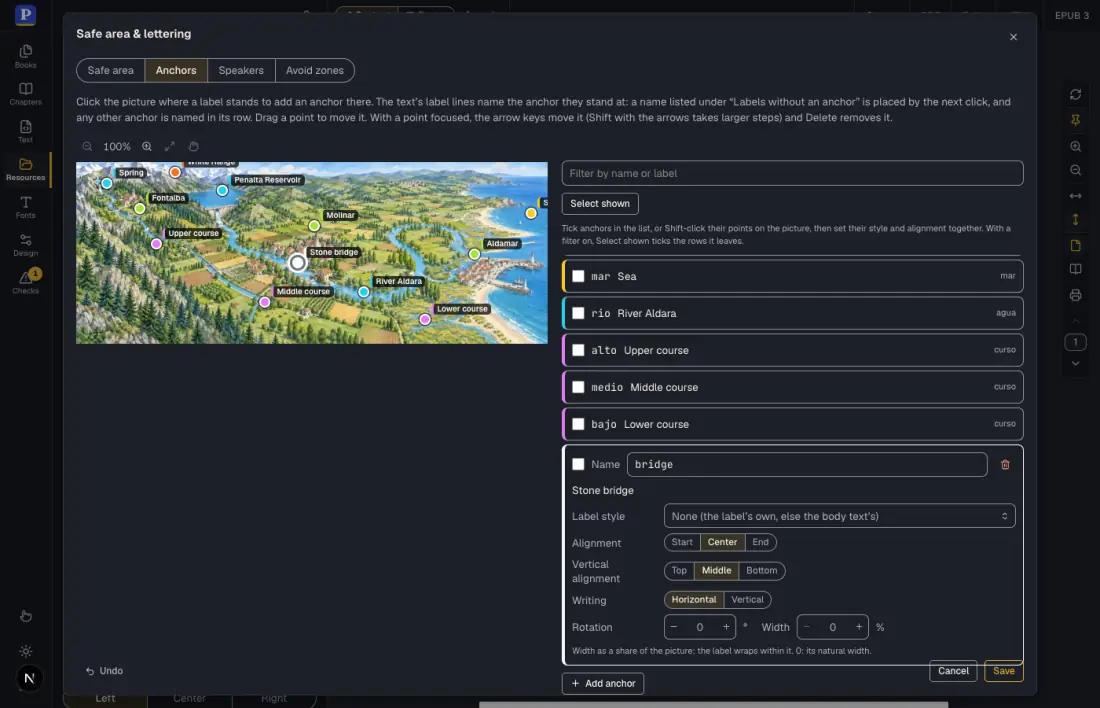 The Anchors dialog: the map with its points, the new anchor named bridge selected, and its Label style field.