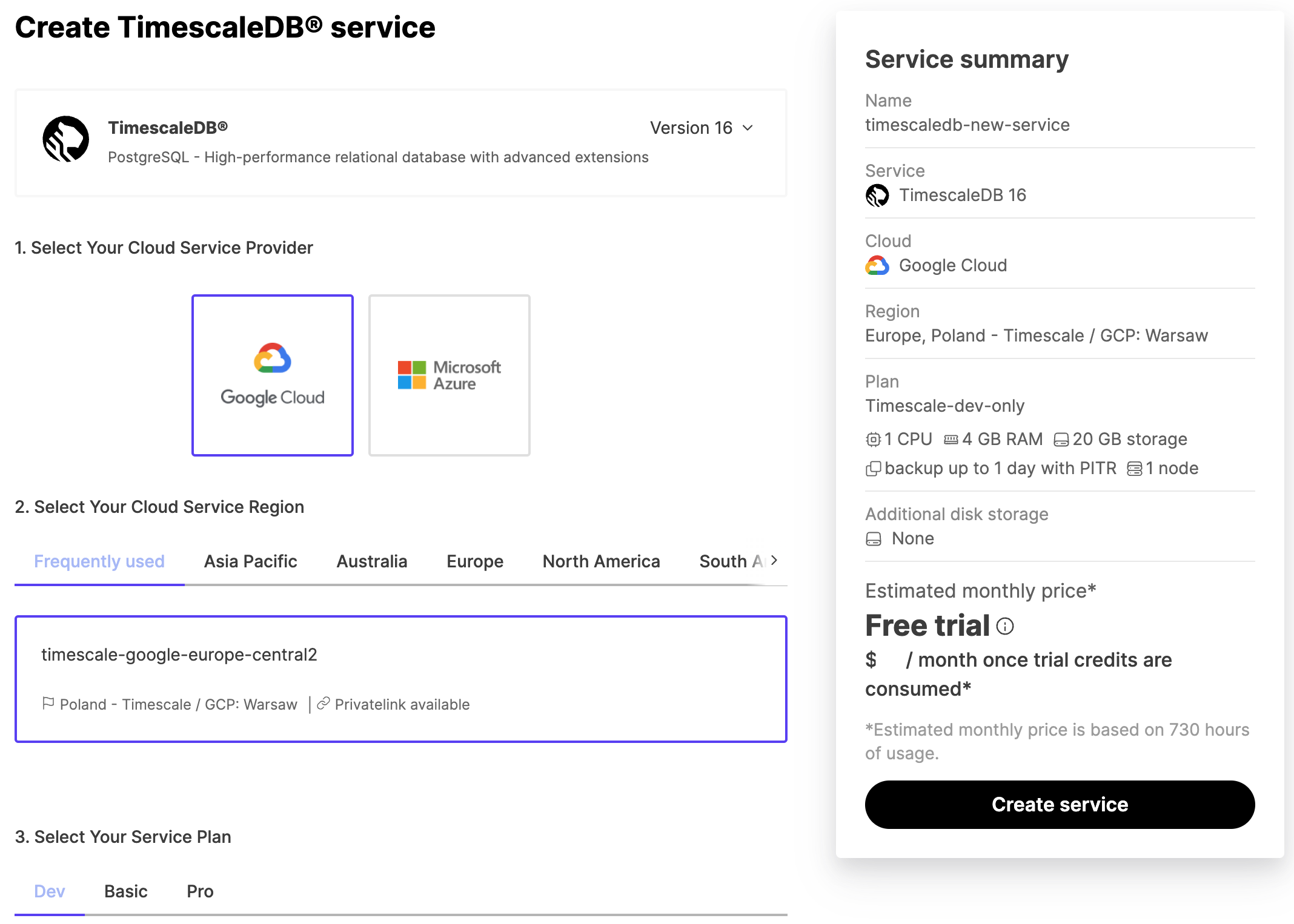 Create a new service in the Managed Service for TimescaleDB portal