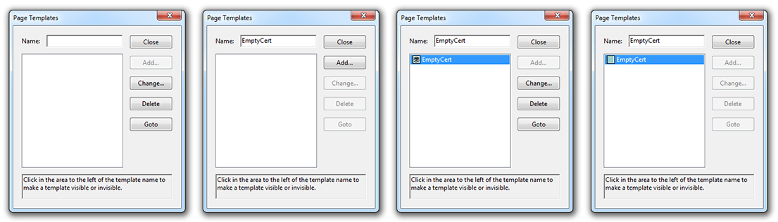 Four screenshots of the Page Templates window in Acrobat Pro showing each task described in Step 3