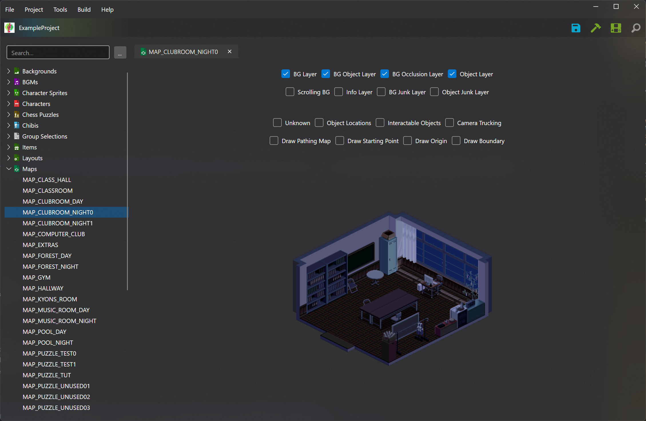 Screenshot of the Serial Loops map editor, featuring the 'SLD1' map open with checkboxes to show/hide the camera position and collision grid