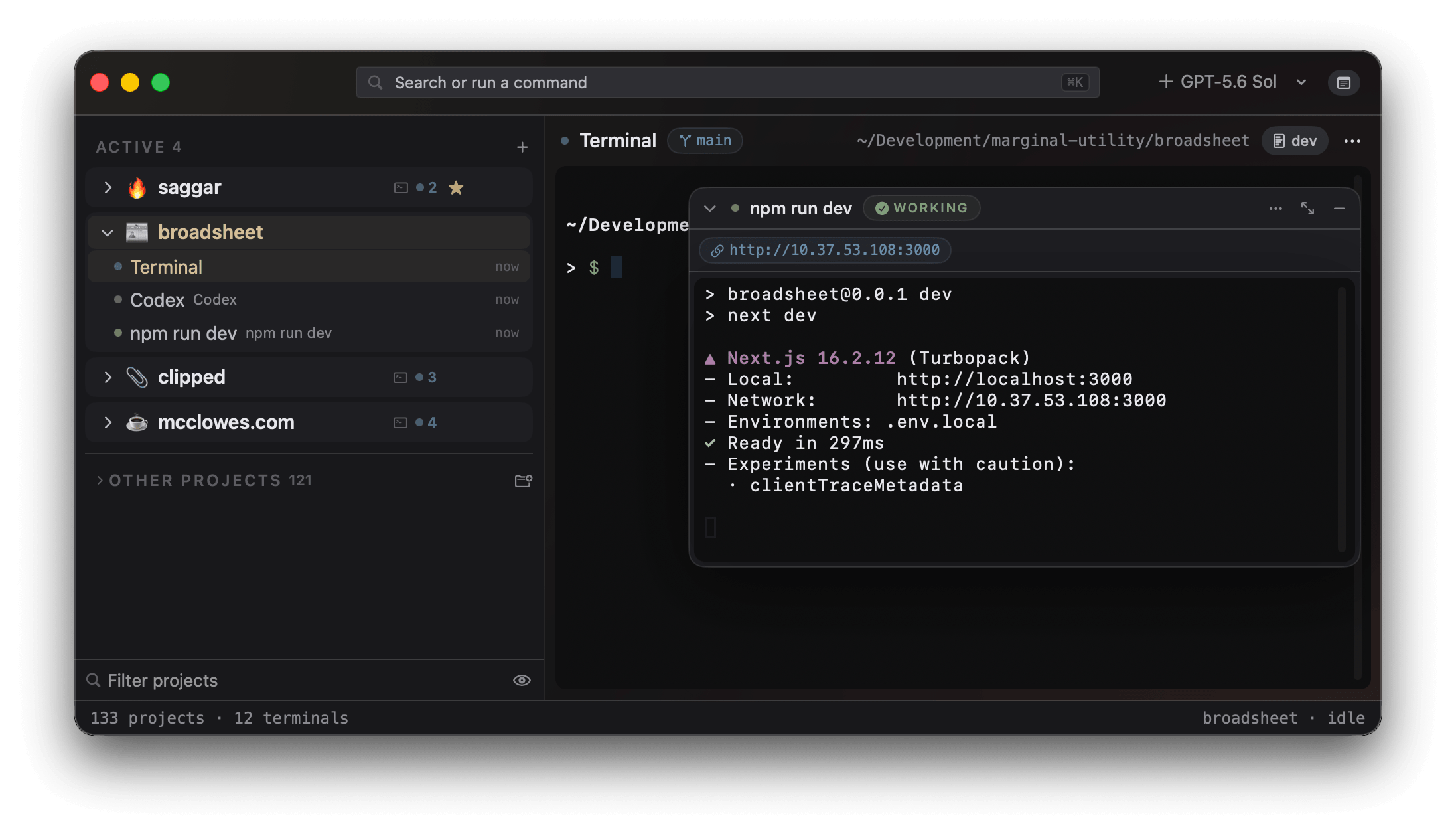 A development server running in Saggar's monitor dock