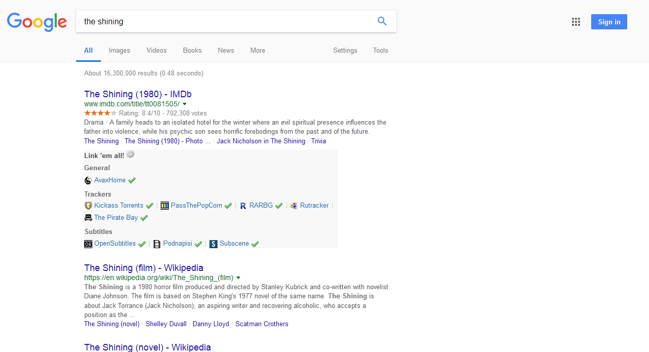 mockup of a Google search results page with the script's links added below the IMDb result