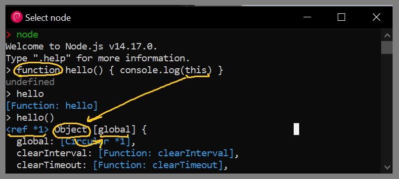 'this' when inside a global function running in Node (Debian WSL)