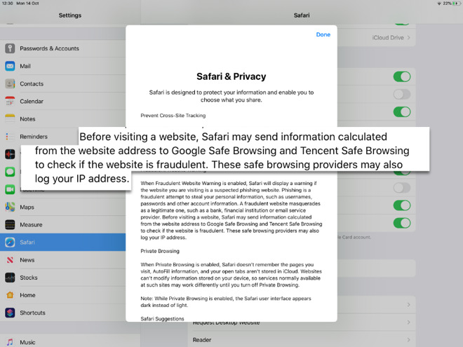 "Safari & Privacy" terms, highlighted the section "Before visiting a website, Safari may send information calculated from the website address to Google Safe Browsing and Tencent Safe Browsing to check if the website is fraudulent".