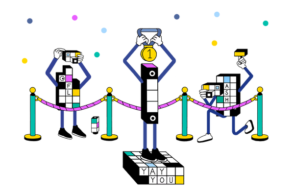 An illustration of a column from a crossword puzzle standing on a podium lifting a medal over its head. Two crossword grids stand behind and take photographs as confetti falls. 