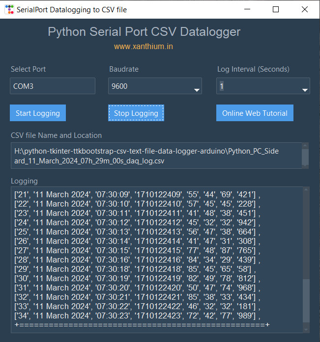 GUI SerialPort Data logger Software using Python and ttkbootstrap(tkinter) framework