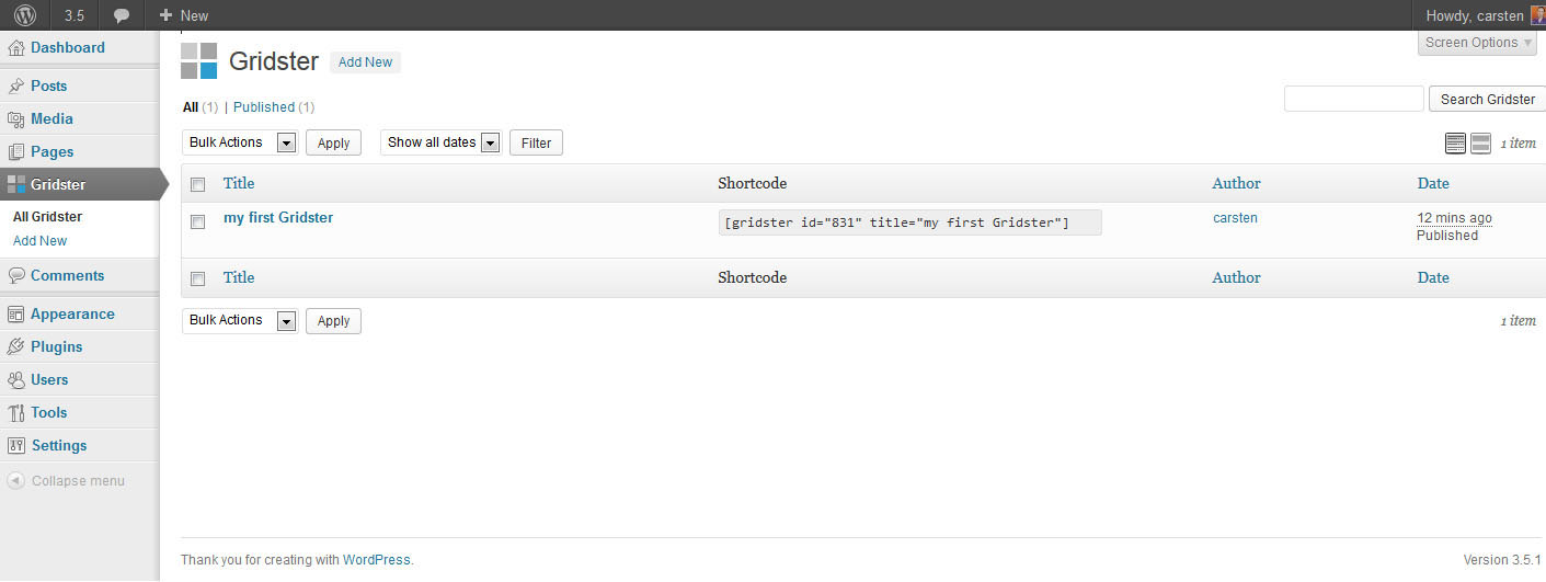 A list of all Gridster posts, also showing the Shortcodes. (with WordPress 3.5.1)