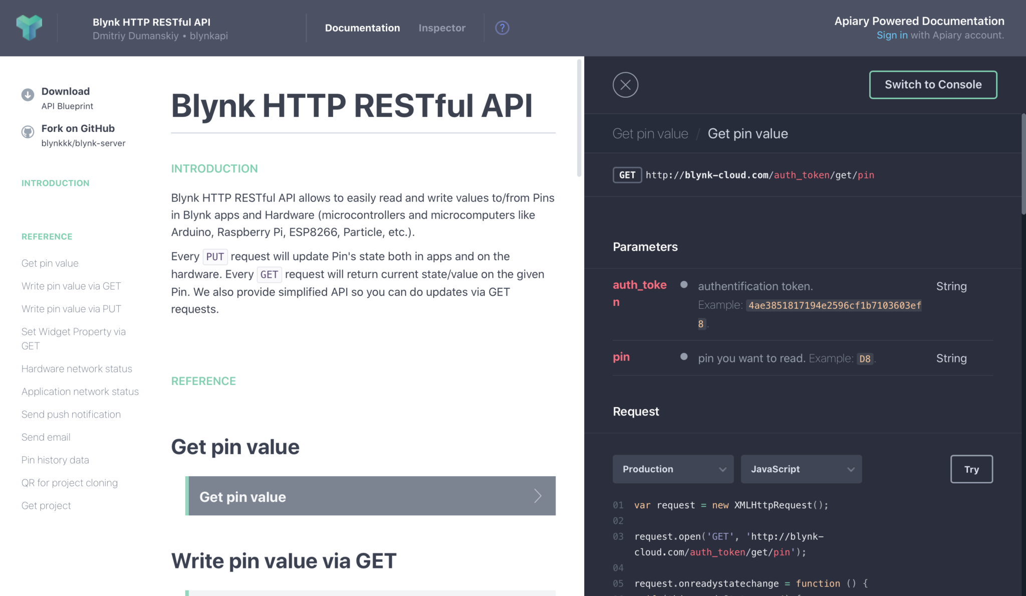 Blynk IO HTTP RESTful API