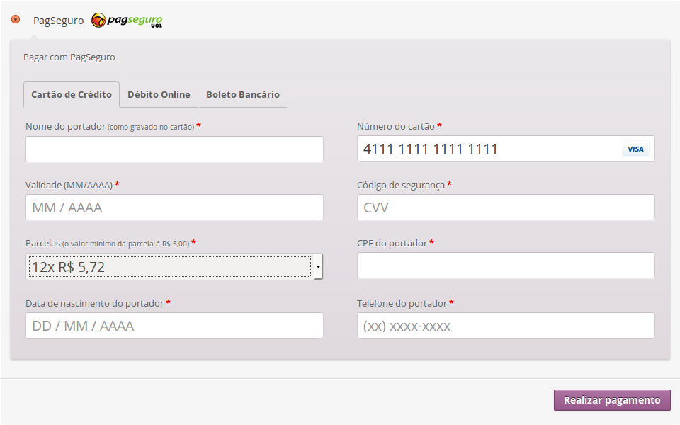 4. Pagamento com cartão de crédito usando o Checkout Transparente.