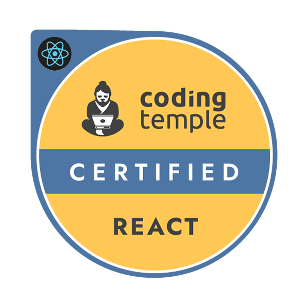 React Certified badge image. Certification. Foundational level. Issued by Coding Temple