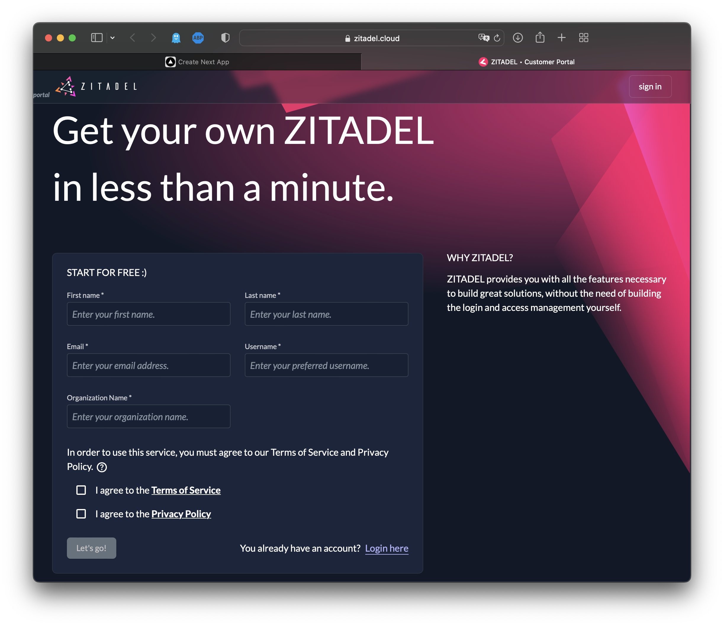 Sign up form on ZITADEL.cloud