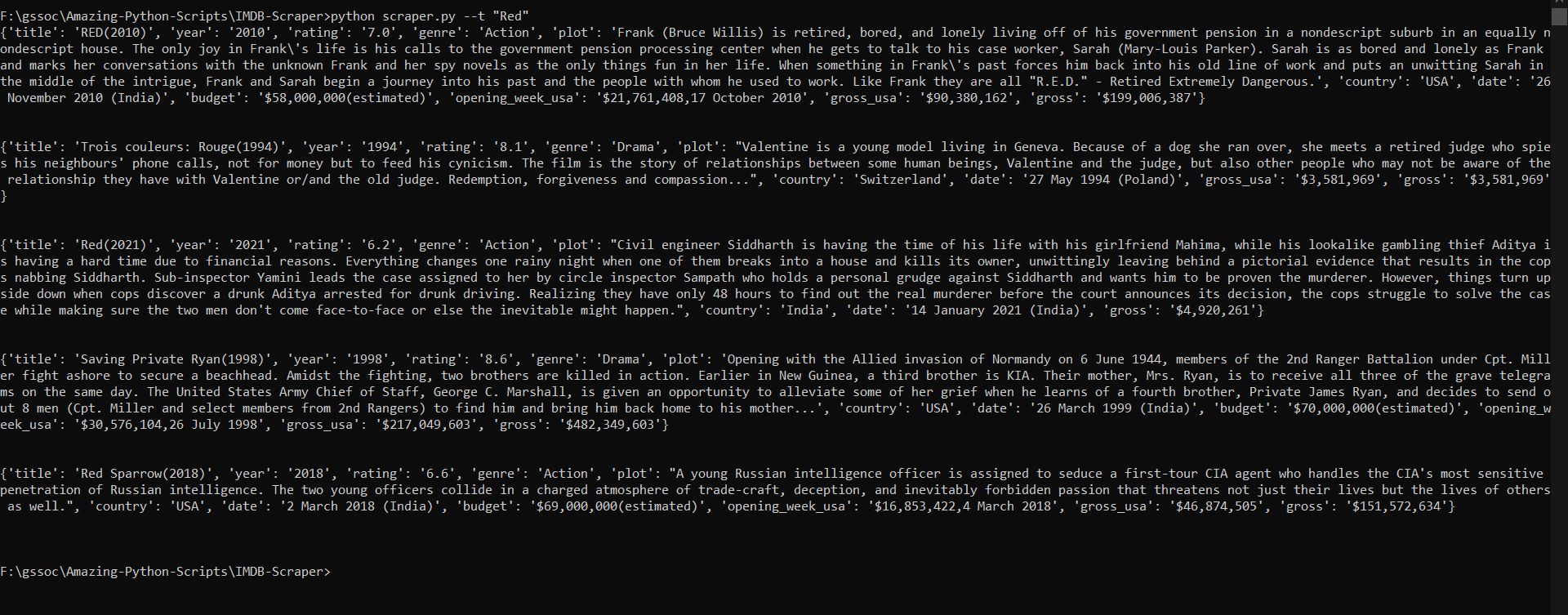 Screenshot of scraped data