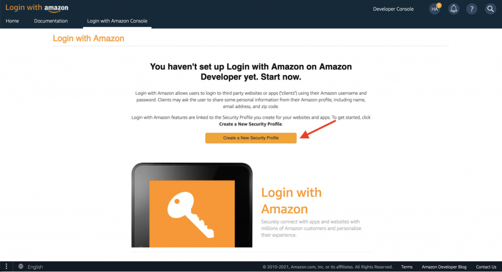 Screenshot of Login with Amazon console showing location of Create a New Security Profile button