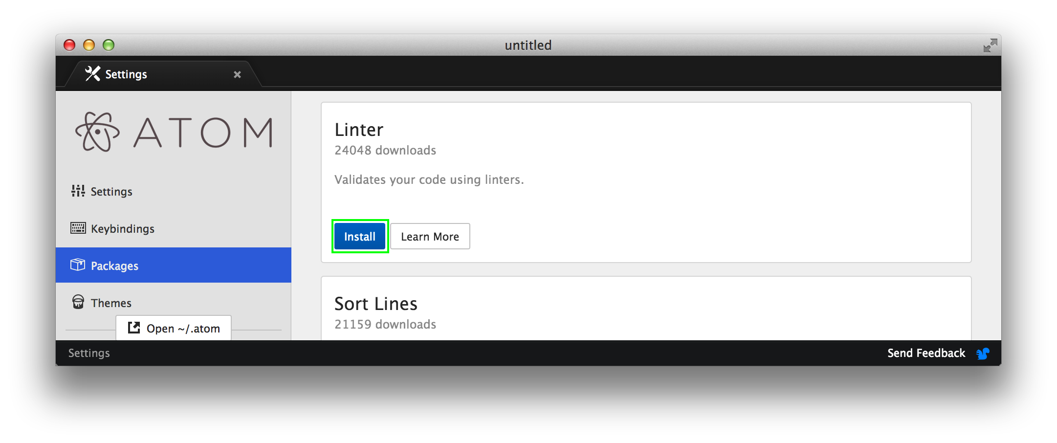 Atom Preferences - Install Linter