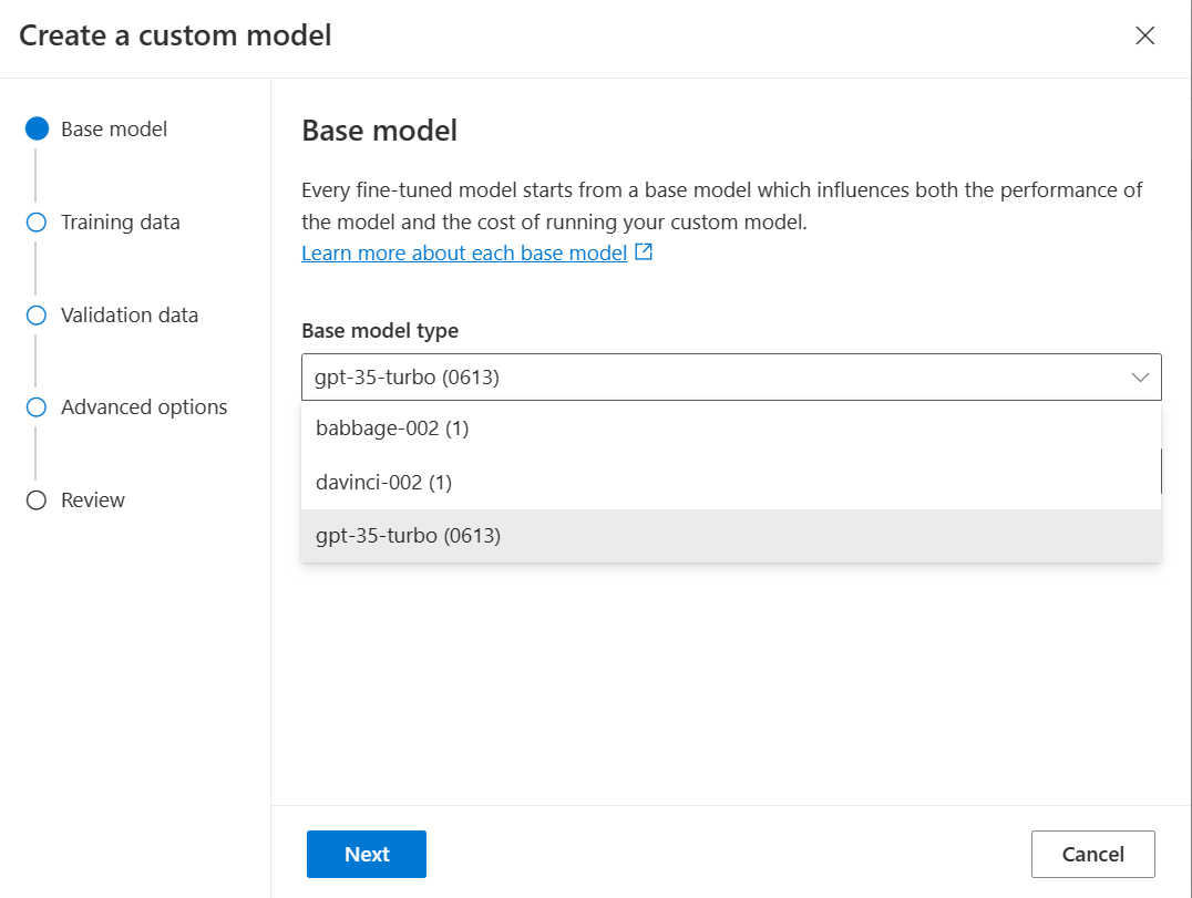 Screenshot that shows how to select the base model in the Create custom model wizard in Azure OpenAI Studio.