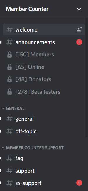 Various counters placed in a voice channel name showing the amount of members, online members, donators and online members in a role