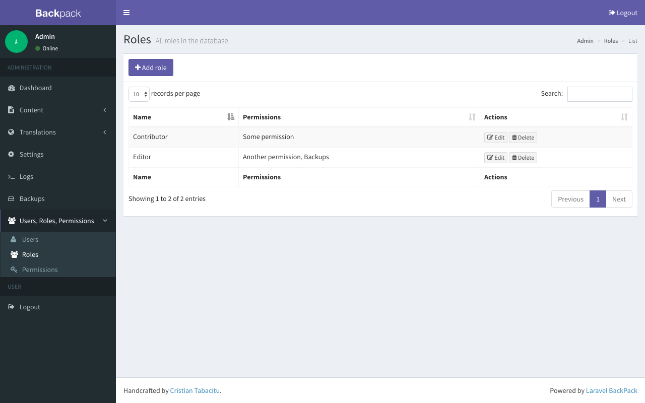 Roles table view in Backpack/PermissionManager