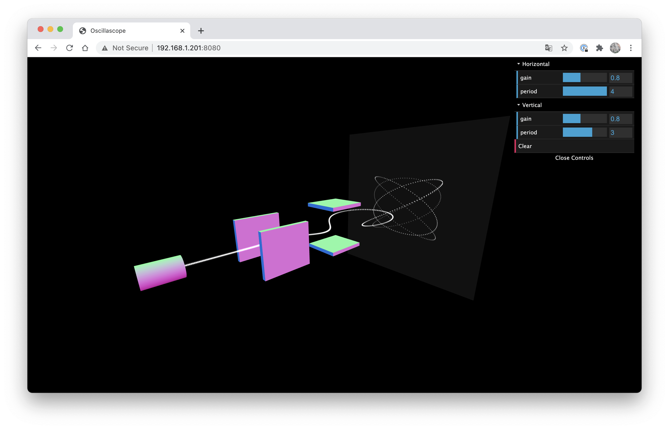 Screenshot: inner of an oscilloscope with horizontal & vertical deflection displaying a Lissajous pattern