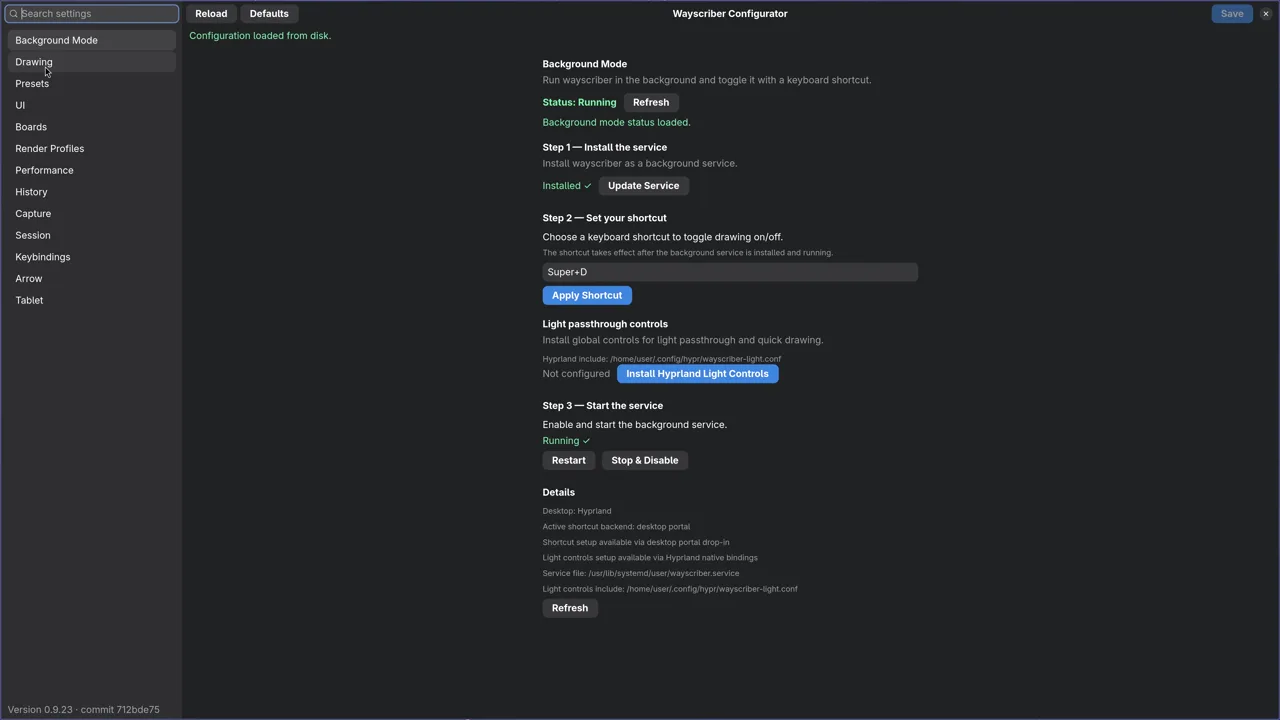 The wayscriber configurator editing settings on a Wayland desktop