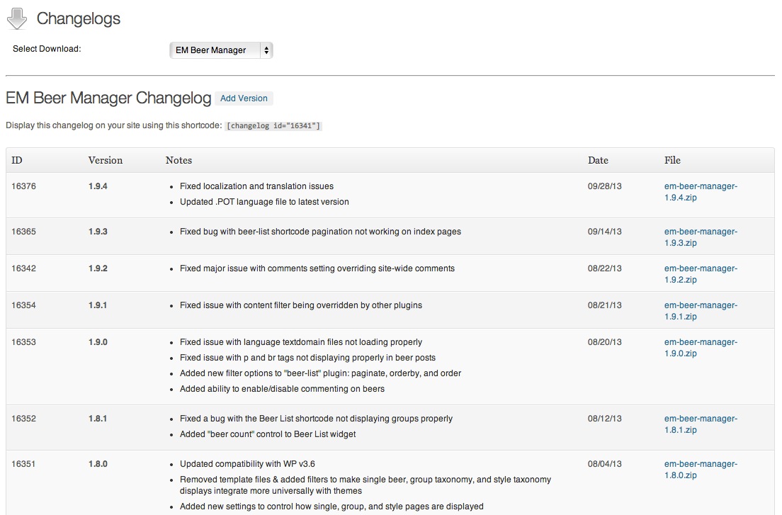 The DLM Changelog admin area