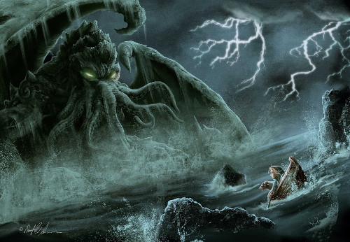 Illustration of Lord OOM – looking much like Cthulhu – rising from the deep, while our program – looking much like a small elf in a boat – looks on in horror.