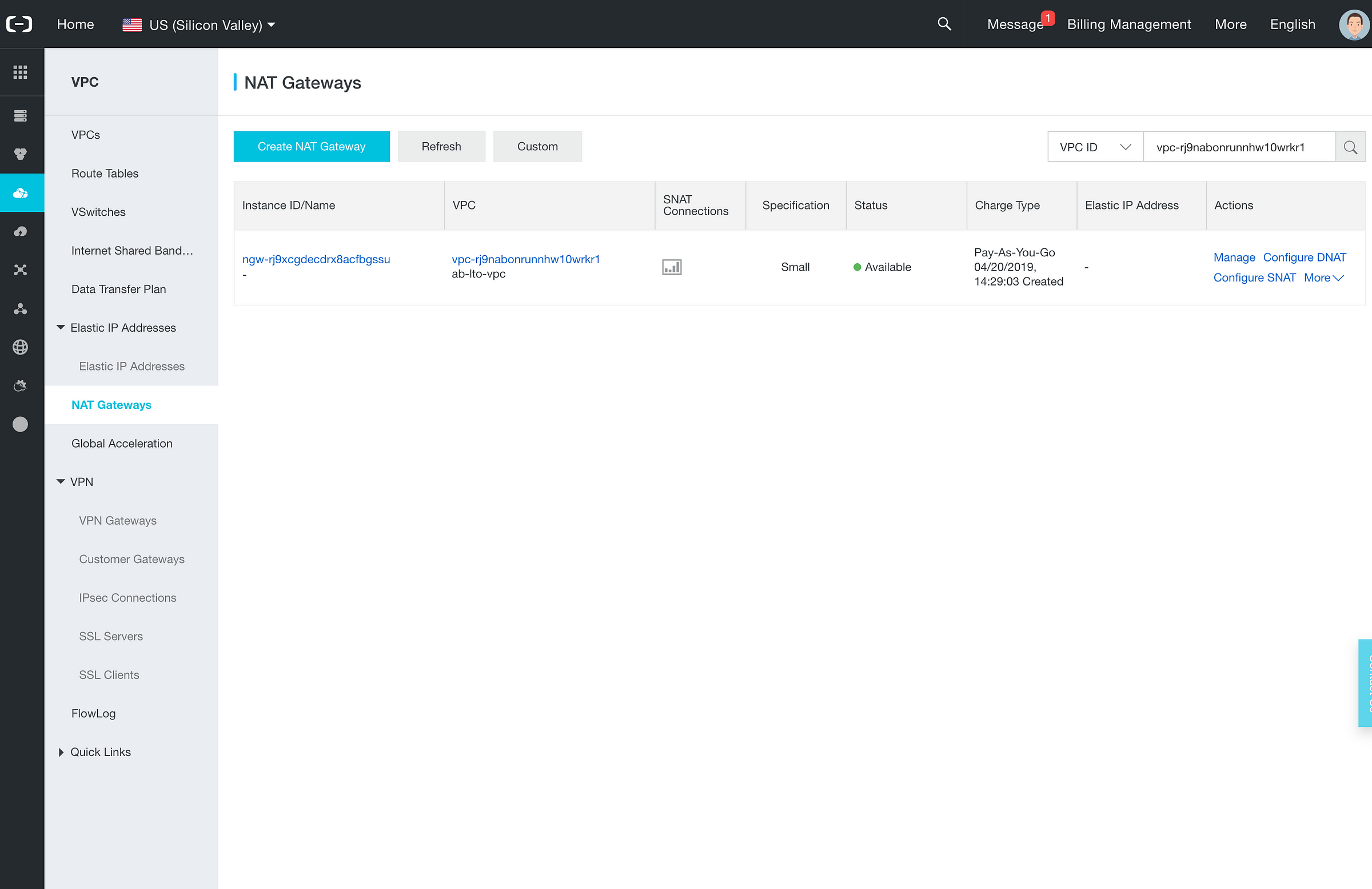 Alibaba Cloud — LTO node — NAT Gateways overview