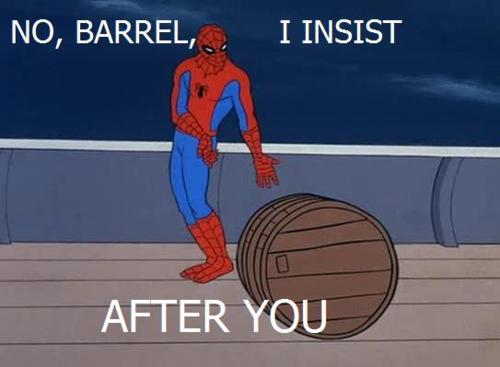 Spidey yielding to a barrel